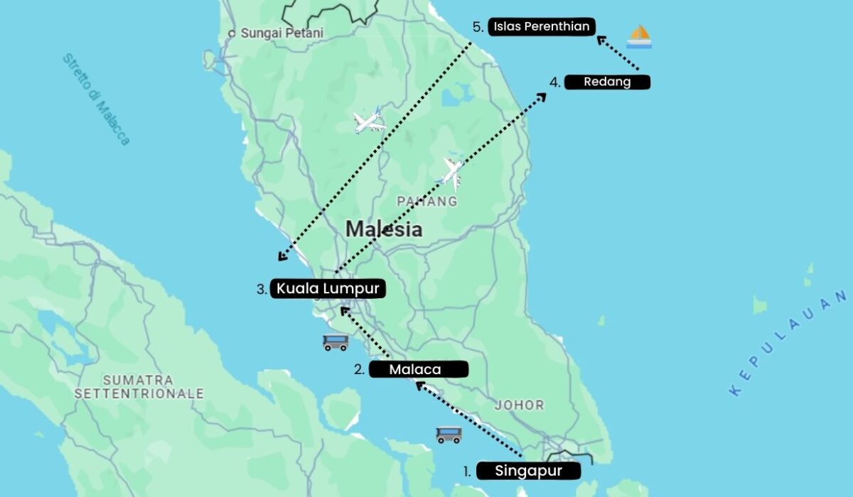 Mapa de Singapur y Malasia con itinerario de viaje sugerido para explorar ambos destinos.