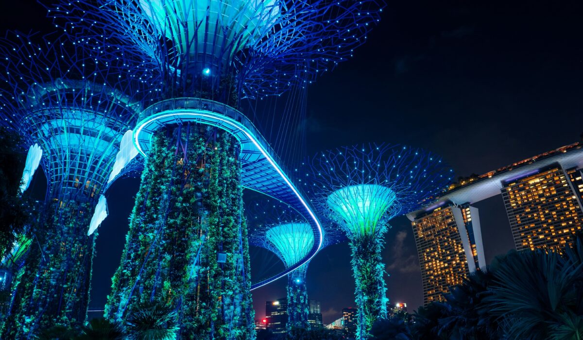 Vista del show de luces en Gardens by the Bay, Singapur