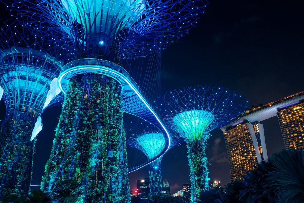 Espectacular Show de Luces en Gardens by the Bay, Singapur Vista del show de luces en Gardens by the Bay, Singapur
